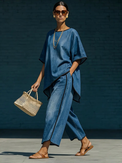 Artistically Cut Decorative Trim Denim Two-piece Set