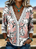Women's Vintage Floral Print Casual Hollow-Out Denim Shirt