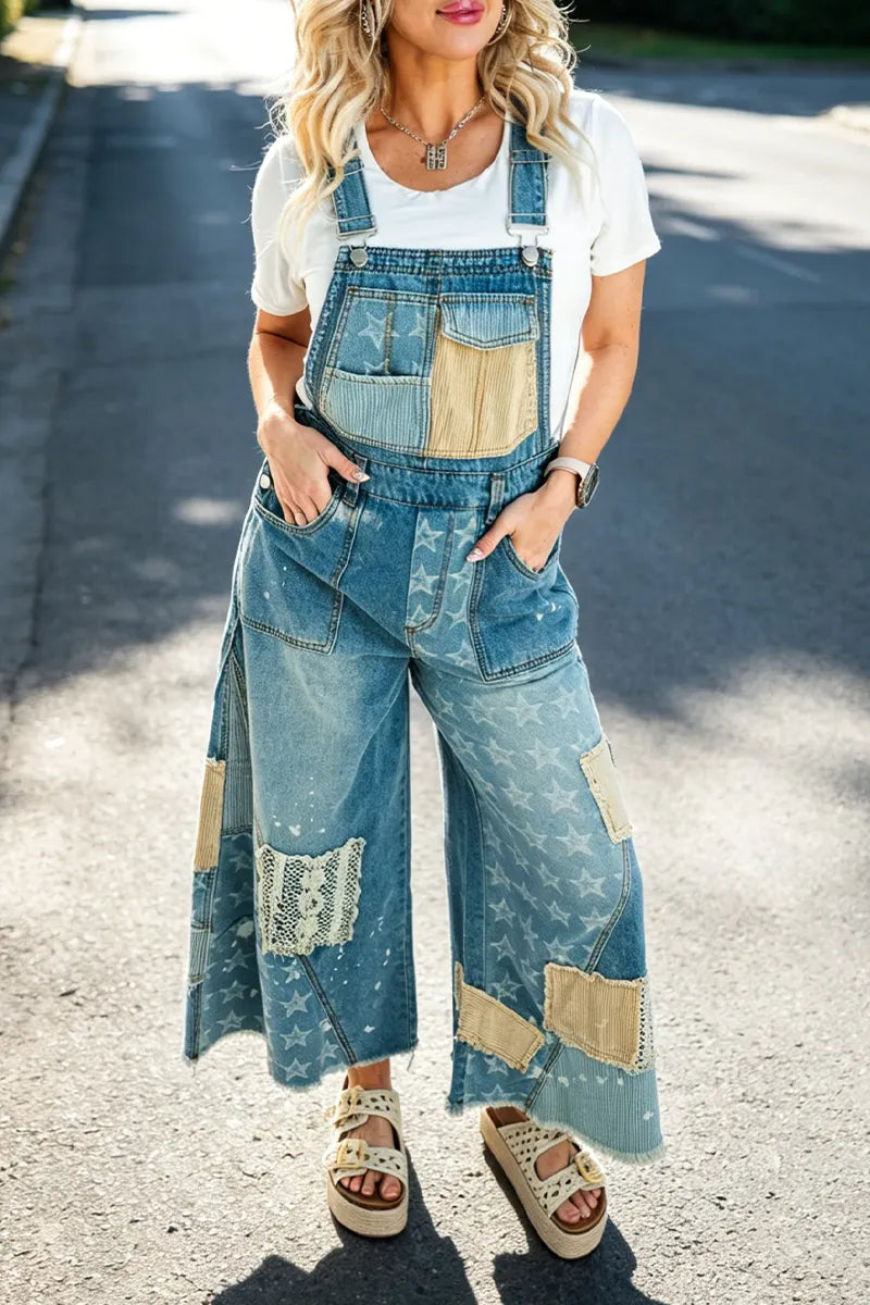 Women Shoulder Strap Patch Star Print Casual Denim Jumpsuit