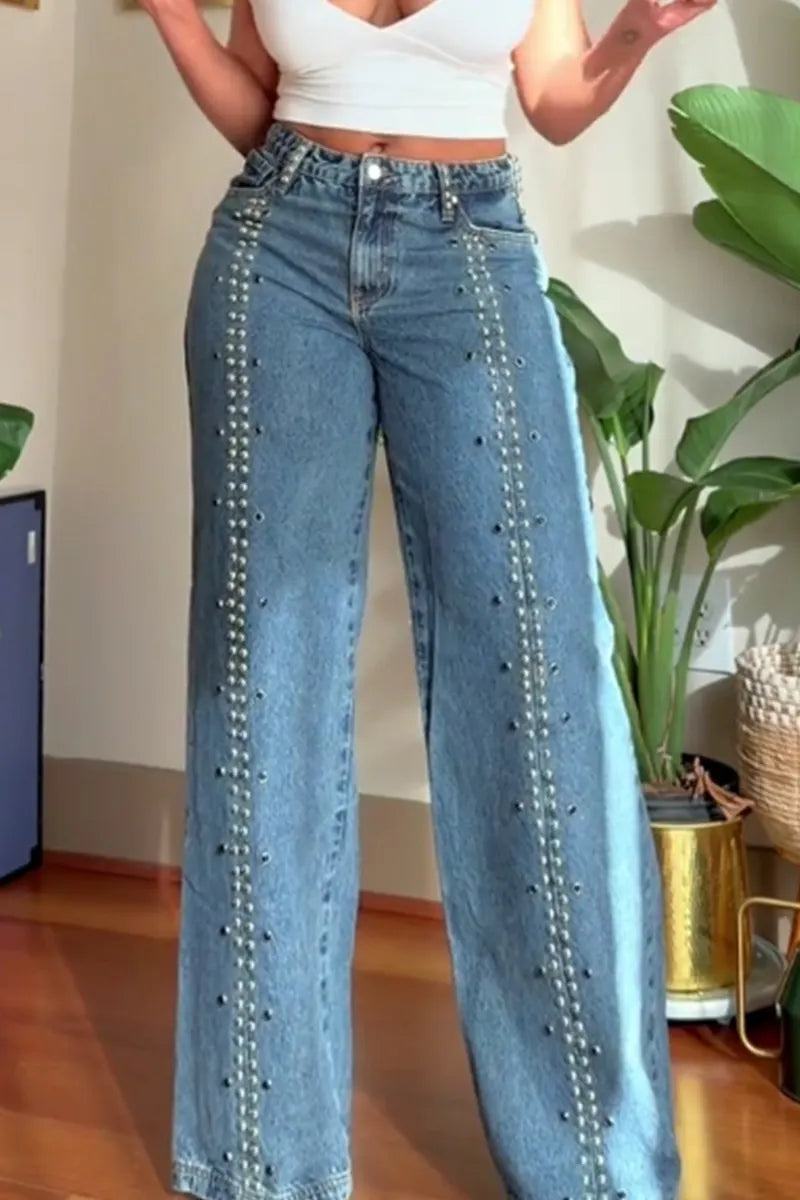 Women's Relaxed Fit Studded Wide Leg Jeans