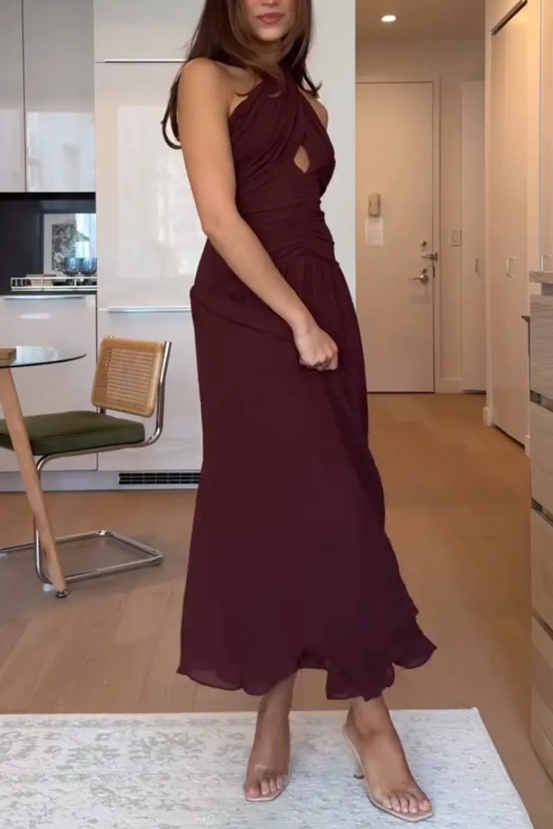 Women's Hanging Neck Hollow Waist Solid Color Elegant Temperament Dress