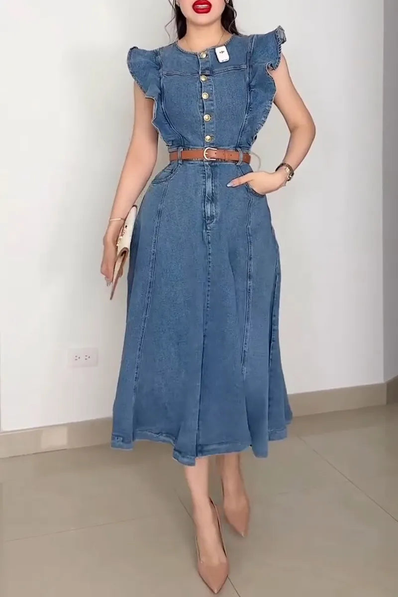Women's Elegant Flounce Sleeve Waist Defined Denim Dress