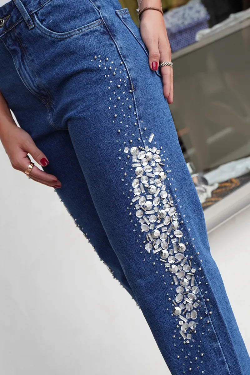 Women's Casual Versatile Rhinestone Trim Jeans