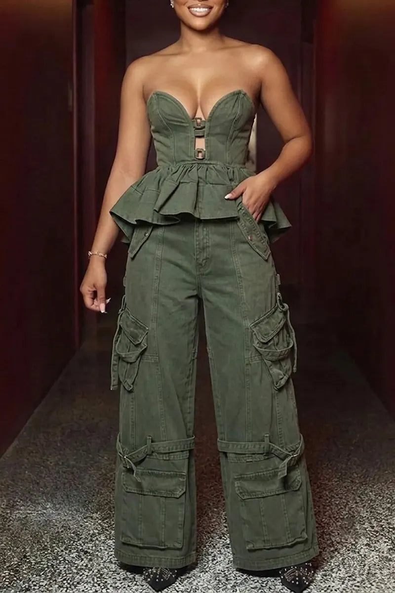 Women's Casual Ruffle Hem Denim Tube Top or Cargo Jeans