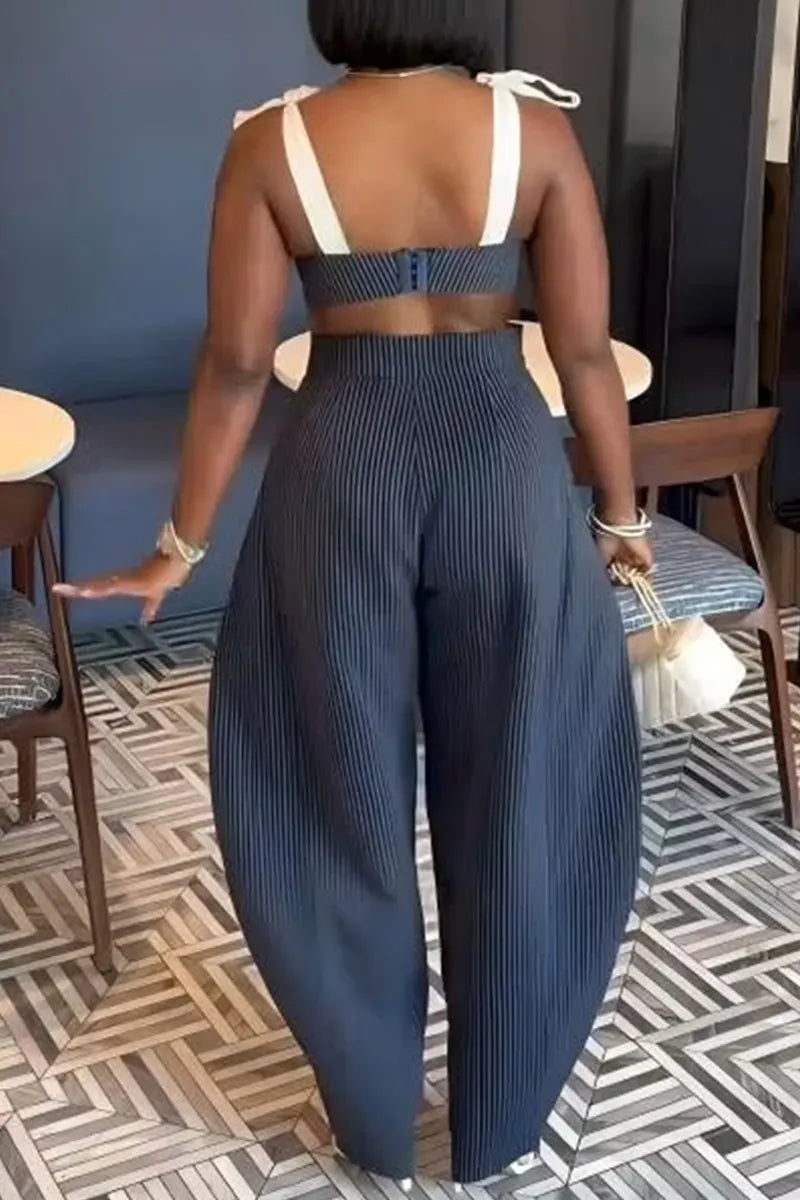 Women's Casual Striped Denim Cami Top & Striped Wide Leg Jeans