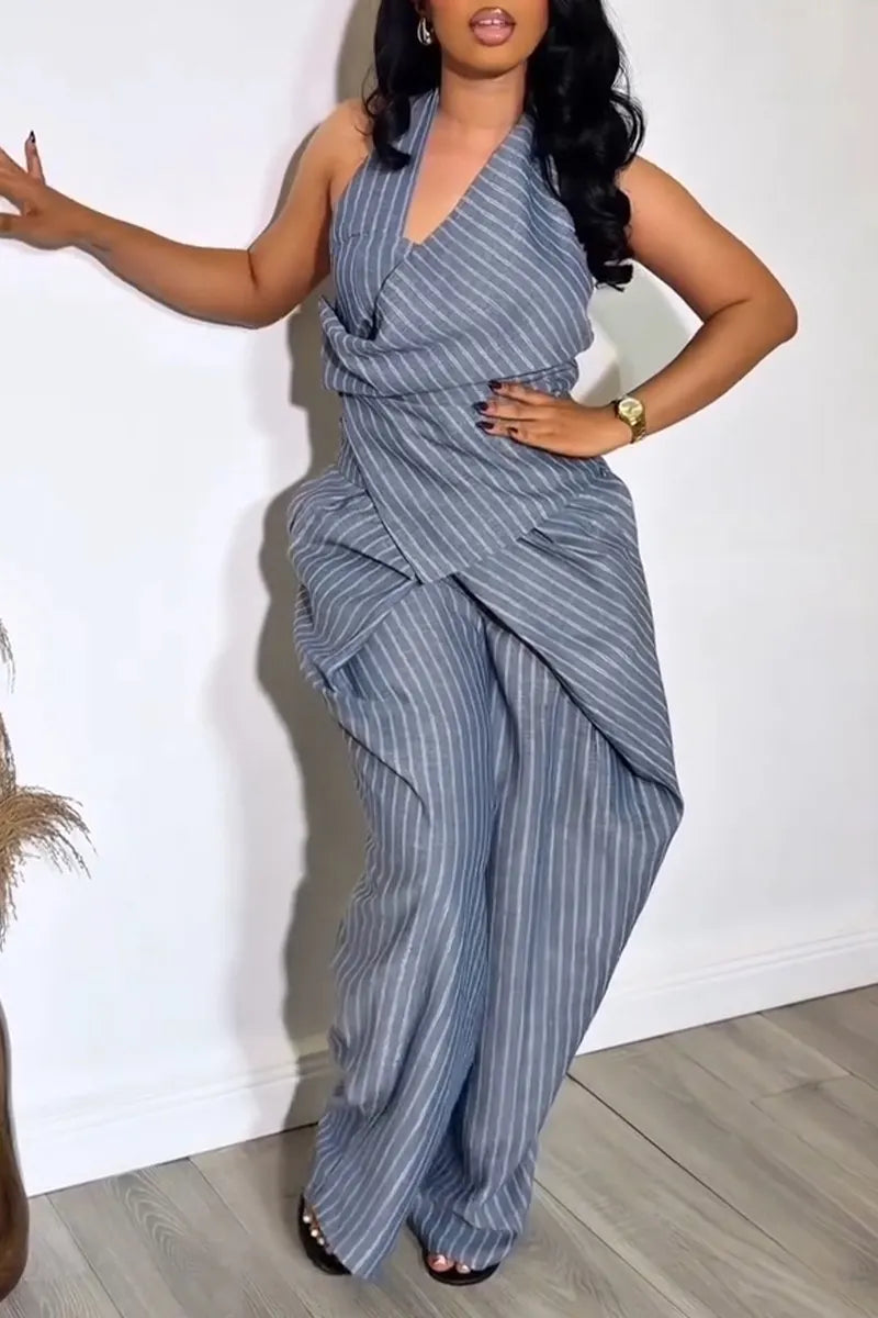 Women's Casual Drape Neck Stripe Top Silhouette Pants Two-Piece Set