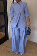 Women's Simple Urban Short Sleeve Stripe Blazer Pants Two-Piece Set