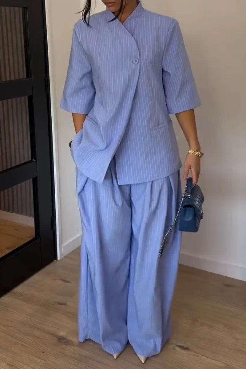 Women's Simple Urban Short Sleeve Stripe Blazer Pants Two-Piece Set