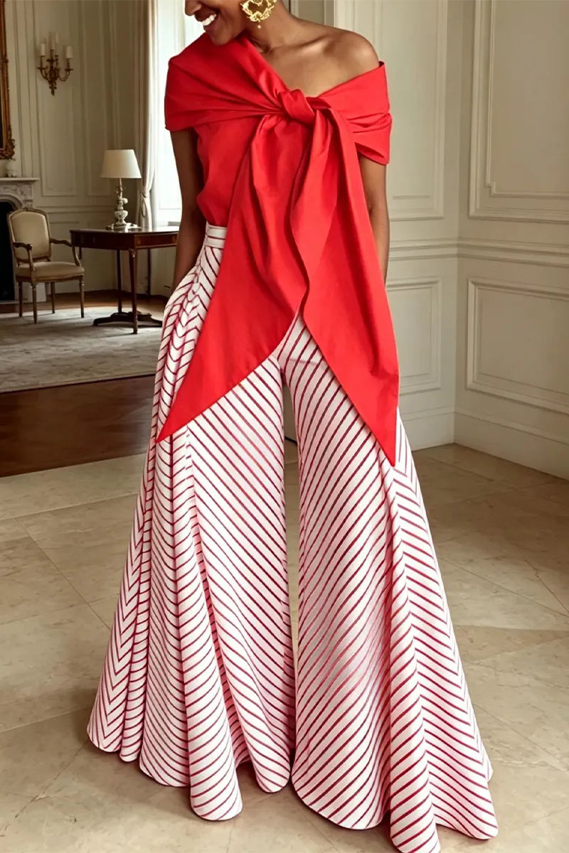 Women's Slanted Neck Solid Color Top or Striped Flared Pants