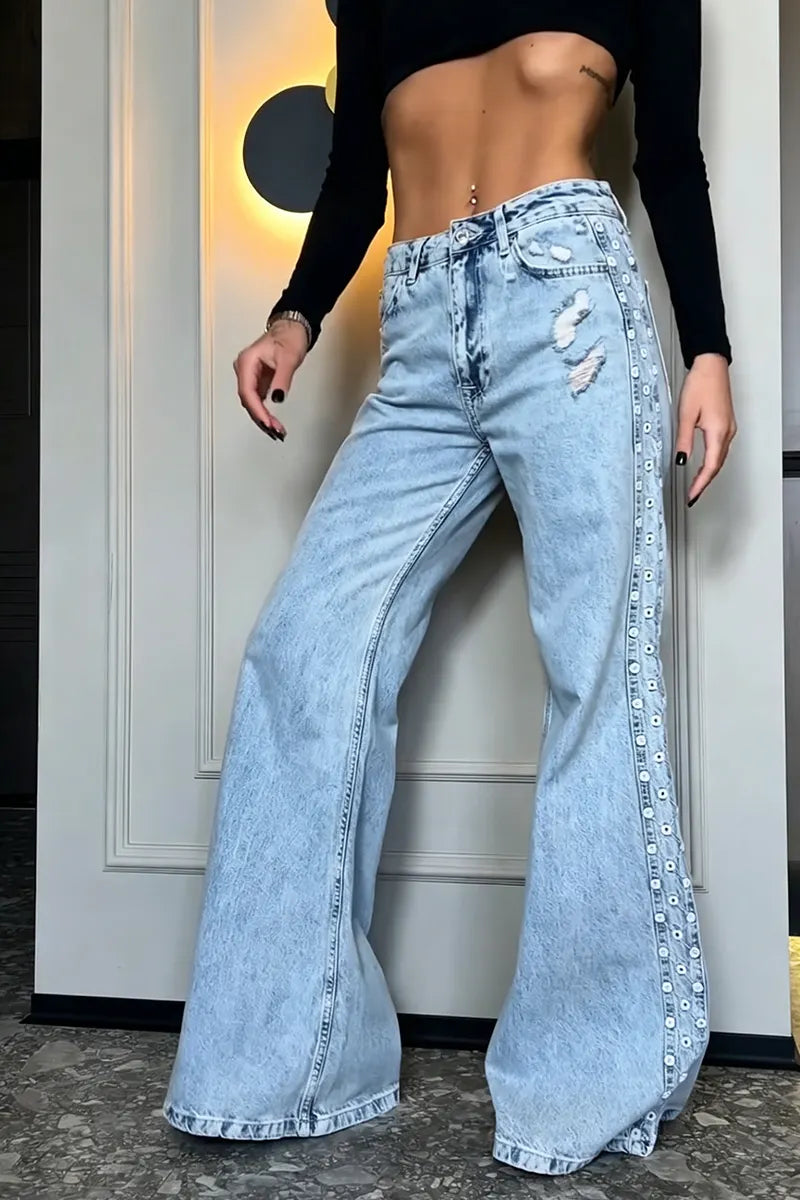 Women's Casual Commuter Side Trim Wide Leg Jeans