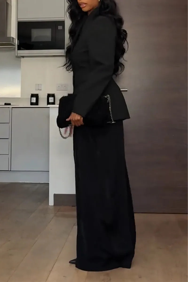 Women Round Neck Blazer +wide Leg Pants Temperament Commuting Formal Suit