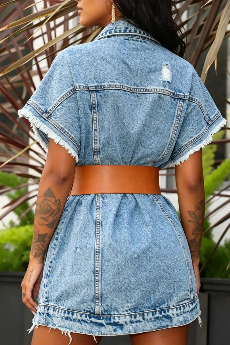 Women Casual Bleach Wash Fringe Hem Pocket Denim Shirt Dress