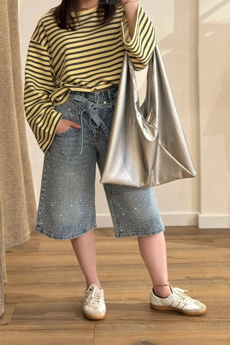 Women's Fashion Sparkling Rhinestone Cropped Jeans with Belt