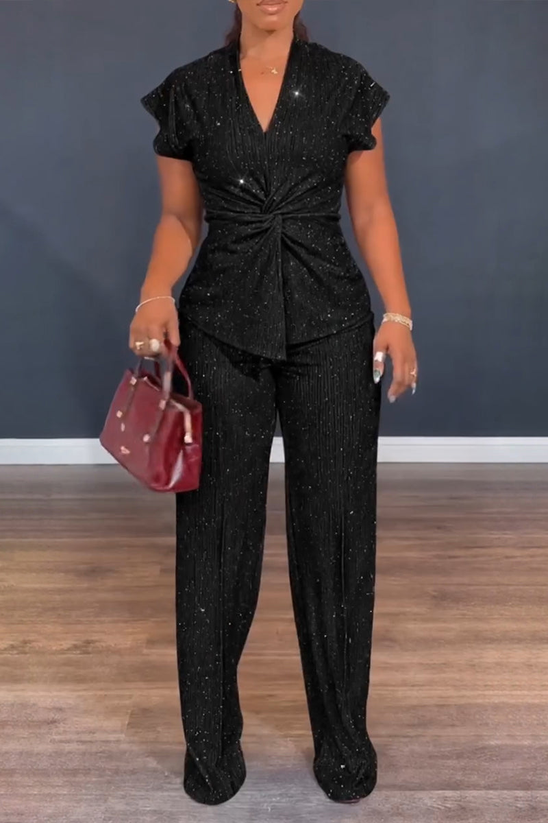 Women's Casual V-Neck Shiny Fine Sequins Top Pants Two-Piece Set