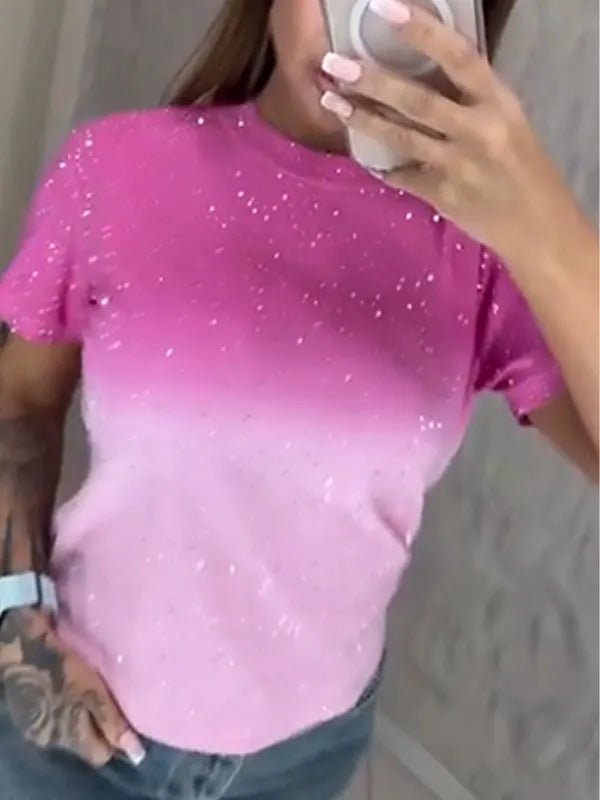 Women Round Neck Rhinestone Gradient Casual Top