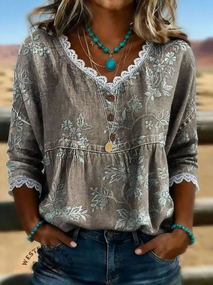 Vintage Floral Print Casual Hollow-out Denim Shirt