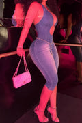 Women's Halter Deep V Cut Out Waist Stretch Denim Capri Jumpsuit