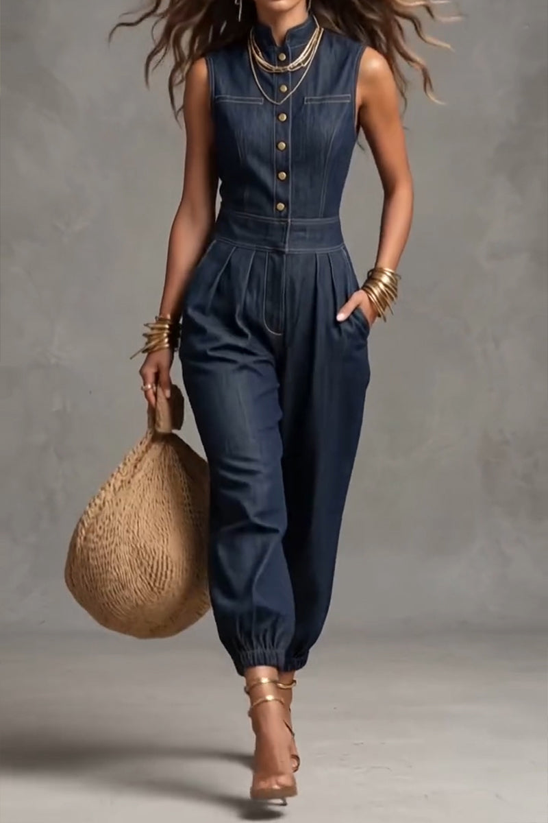Women's Casual Button Elastic Cuff Denim Jumpsuit
