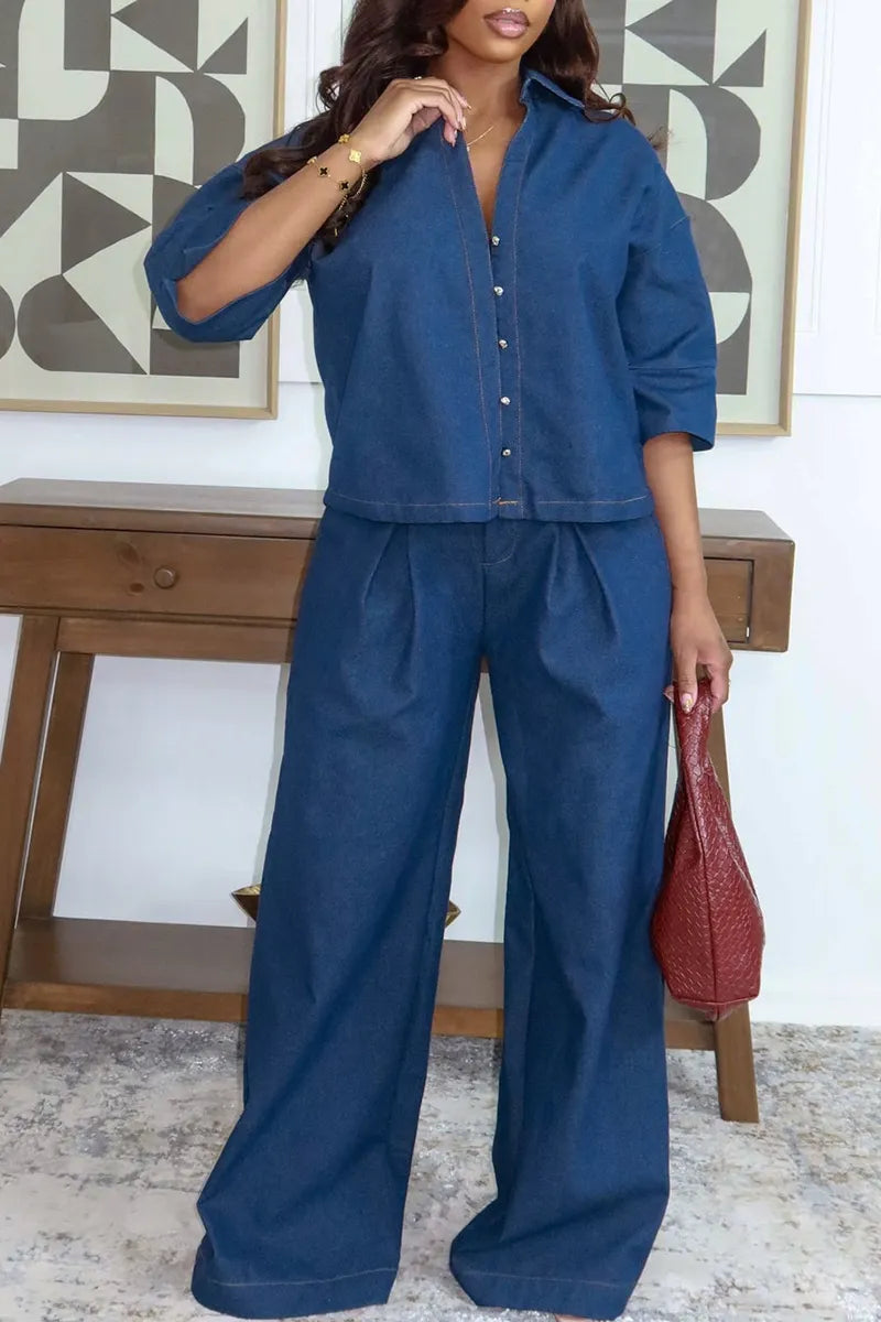 Women's Casual Loose Fit Button Front Denim Crop Top Or Wide Leg Jeans