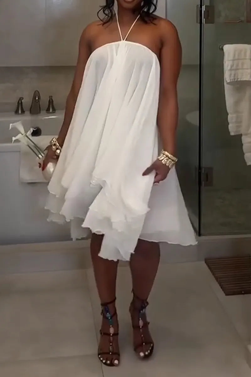 Women Neck Hanging Patchwork Solid Color Sexy Casual Dress