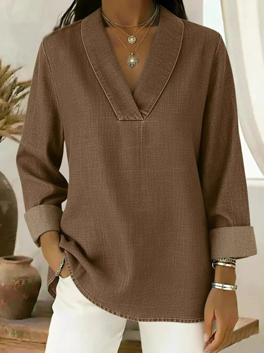 Solid Color Long Sleeves Loose V-Neck Blouses&Shirts Tops