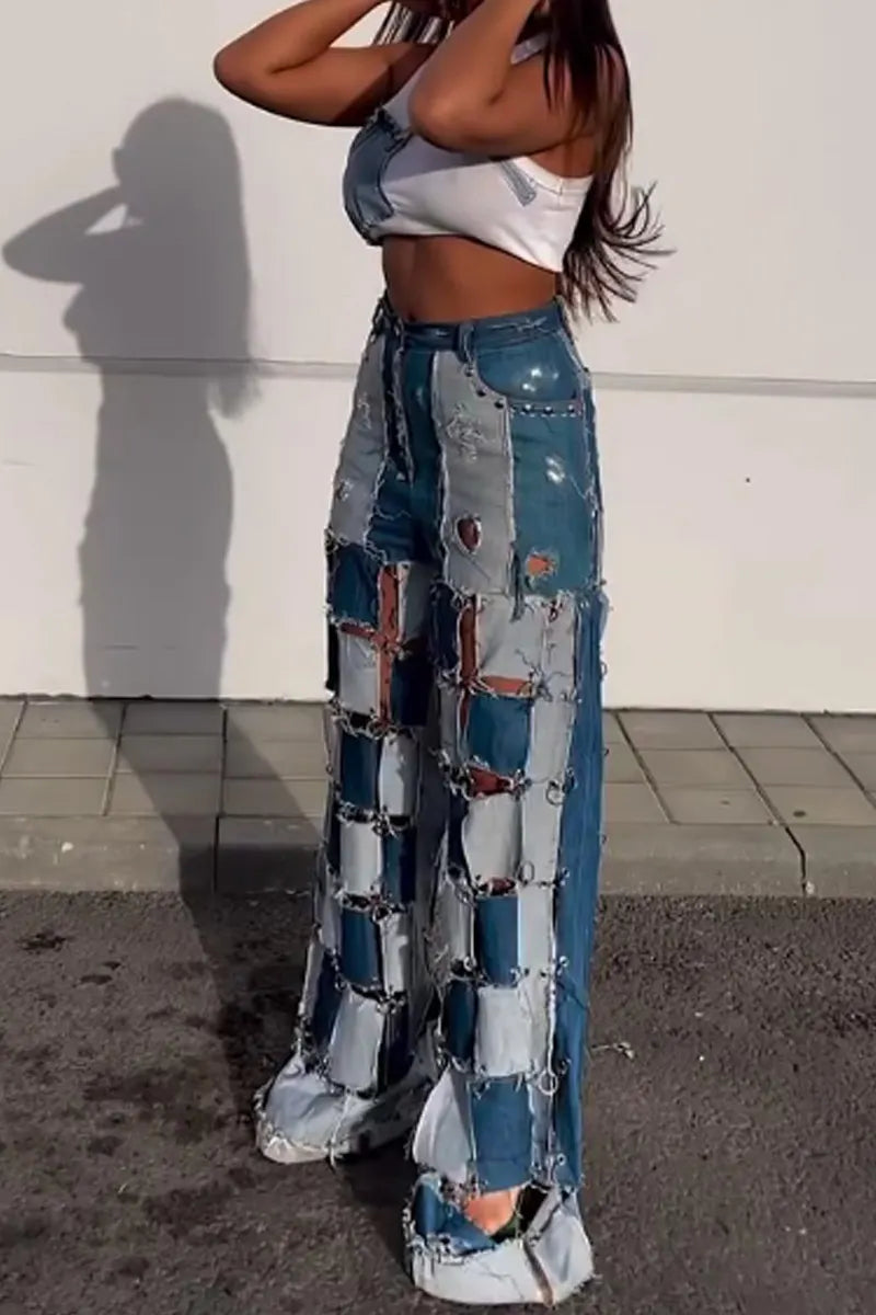women's White Base Patch Denim Raw Fray Edge Sleeveless Cropped Tank Top Or High Waist Multi Wash Patchwork Fray Cutout Wide Leg Baggy Denim Pants