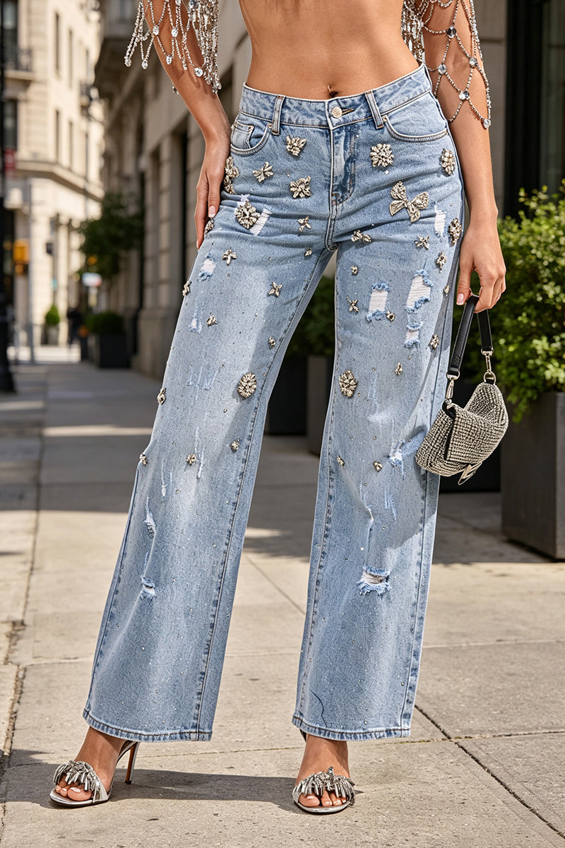 Women's Nail Drill Scratch Casual Jeans