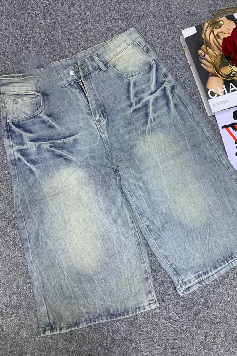 Women's Vintage Washed Light Fade Baggy Wide Leg Denim Capri Culottes
