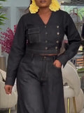Women V-neck Double Breasted Top and Pants Casual Denim Suit