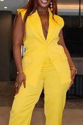 Women's Elegant Yellow Sleeveless Vest Or Wide-Leg Trousers