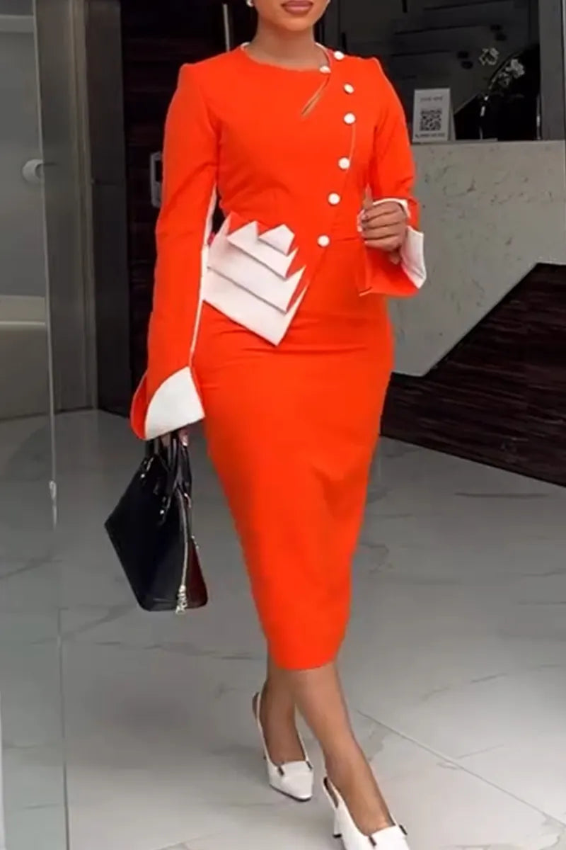Women Round Neck Patchwork Elegant Temperament Formal Commuting Dress