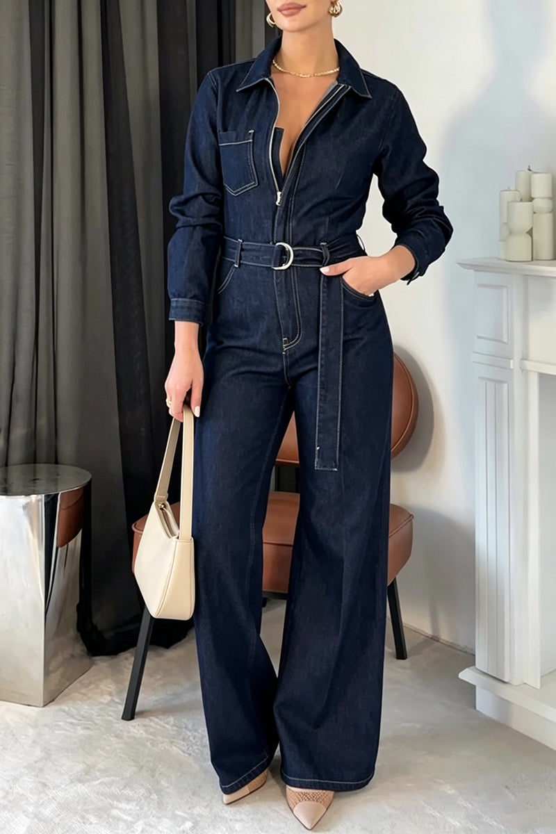 Women's Casual Versatile Long Sleeve Denim Jumpsuit with Belt