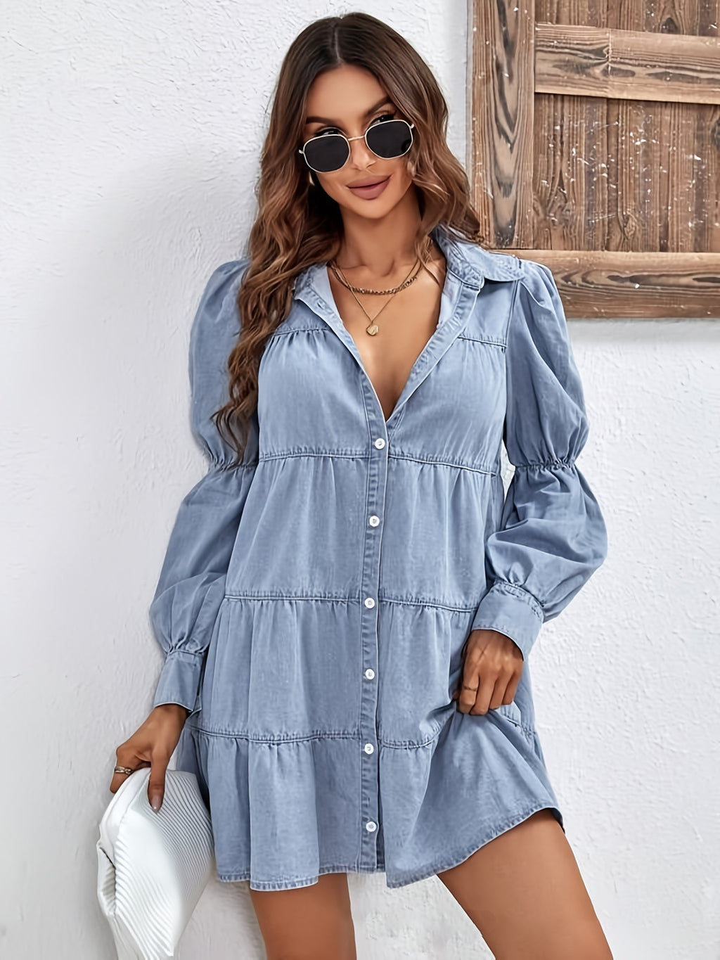 Sweet Puff Sleeve Ruffle Hem Denim Mini Dress