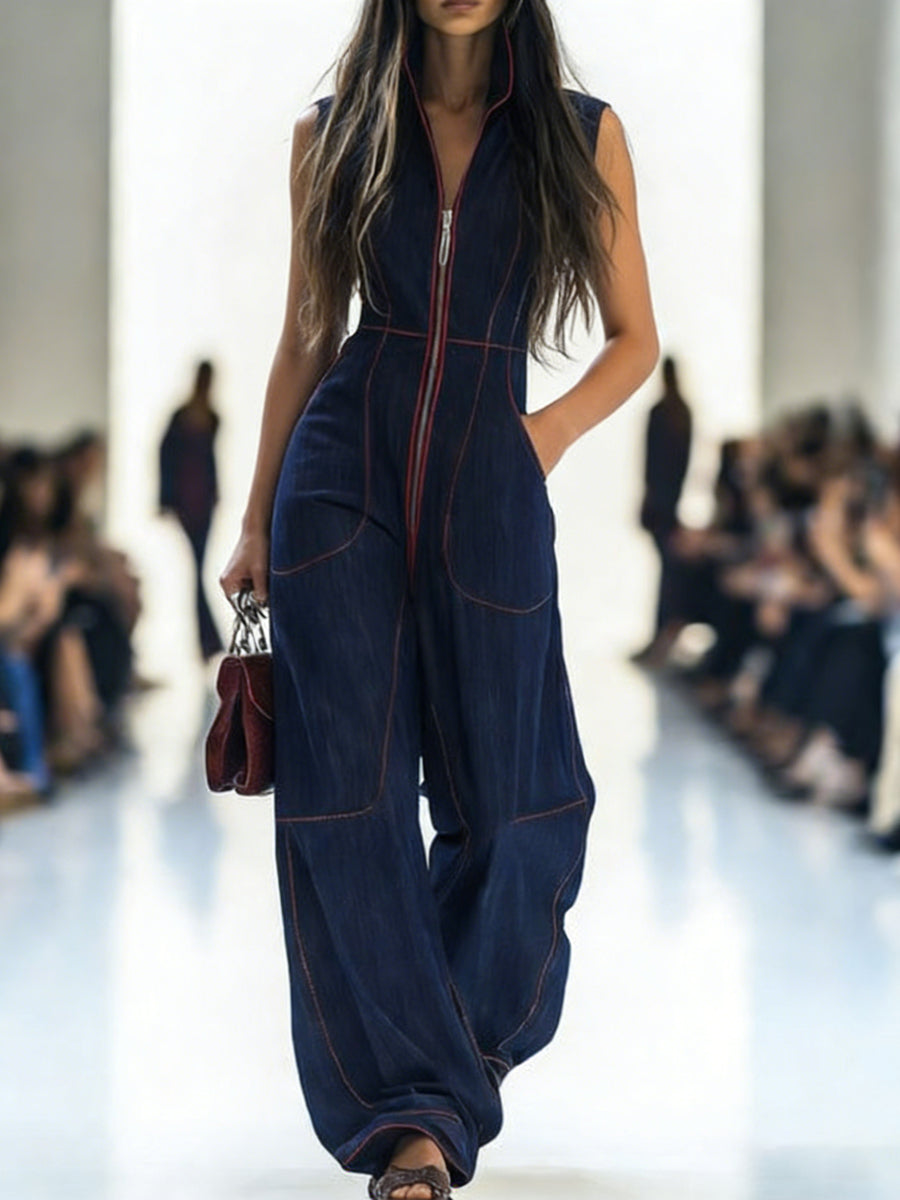 Pockets Zipper High Waisted Sleeveless Stand Collar Jumpsuits