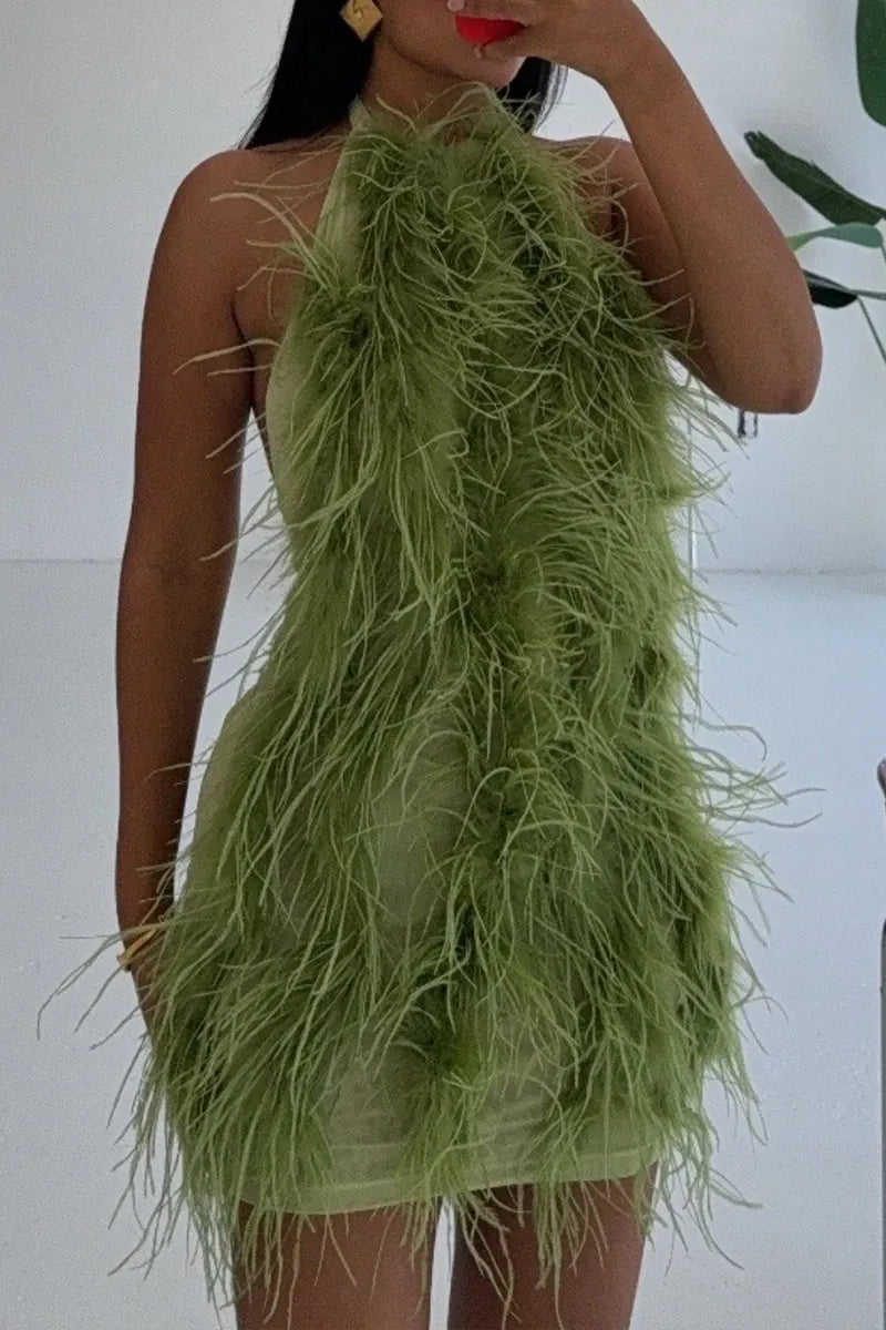 Women Halter Neck Fluffy Feather Bodycon Mini Dress
