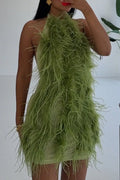 Women Halter Neck Fluffy Feather Bodycon Mini Dress