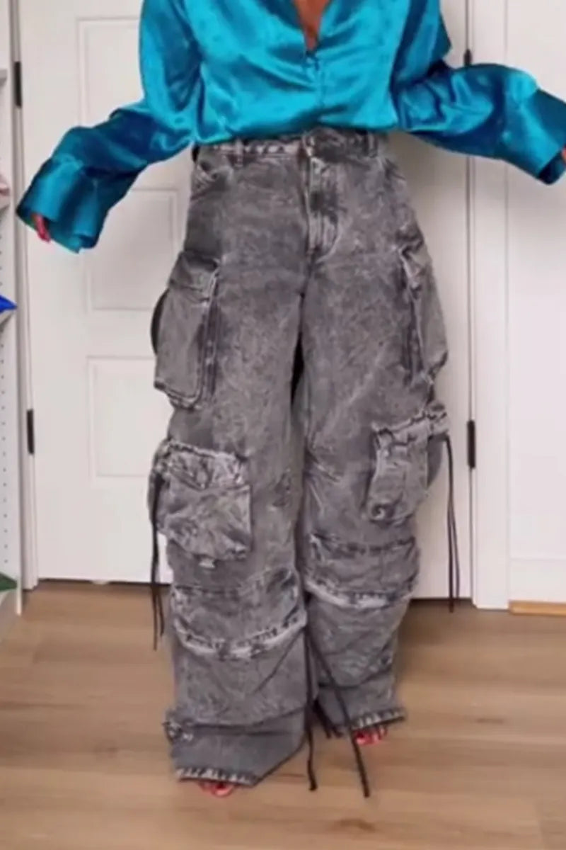 Women's Multi Pocket Cargo Wide Leg Jeans
