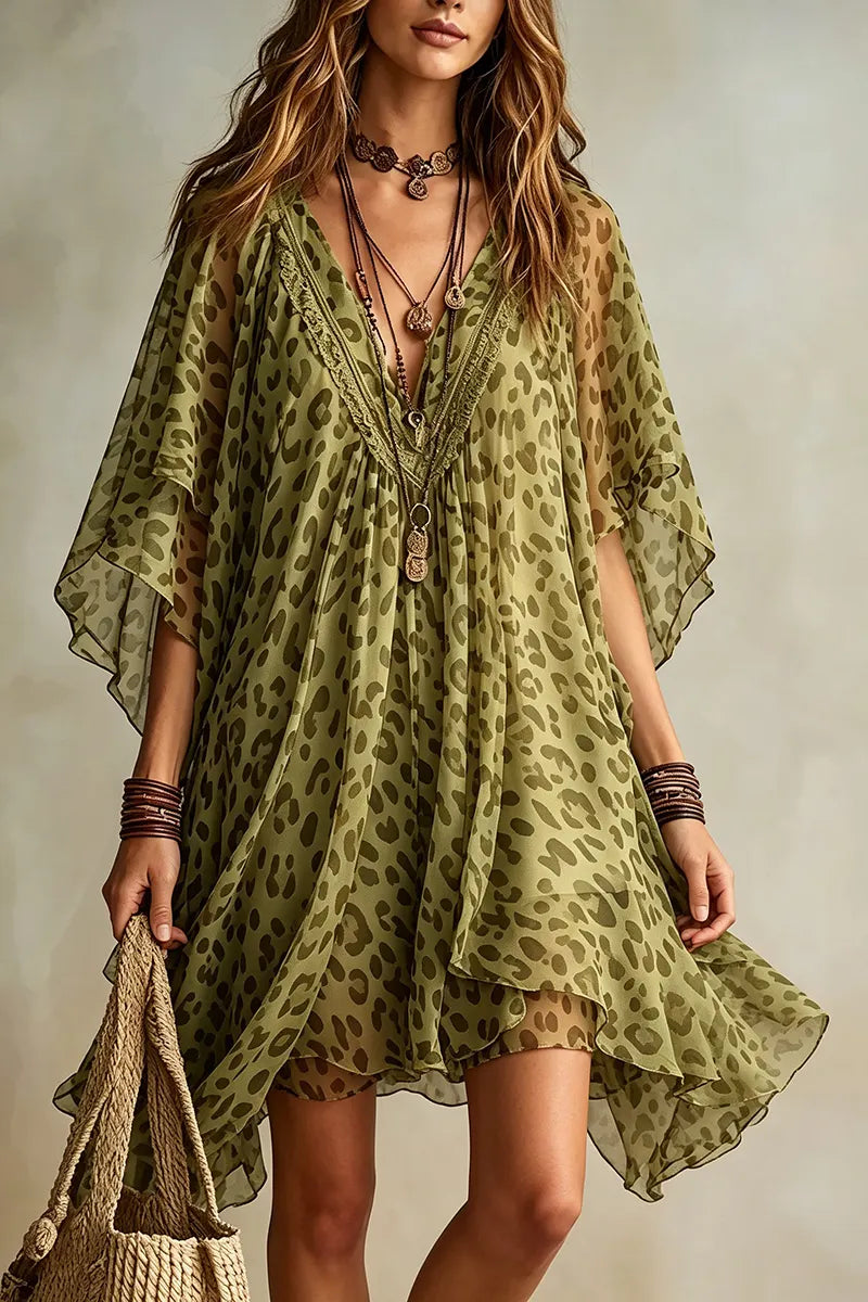 Women's Fashion Comfortable Leopard Print Batwing Mini Dress