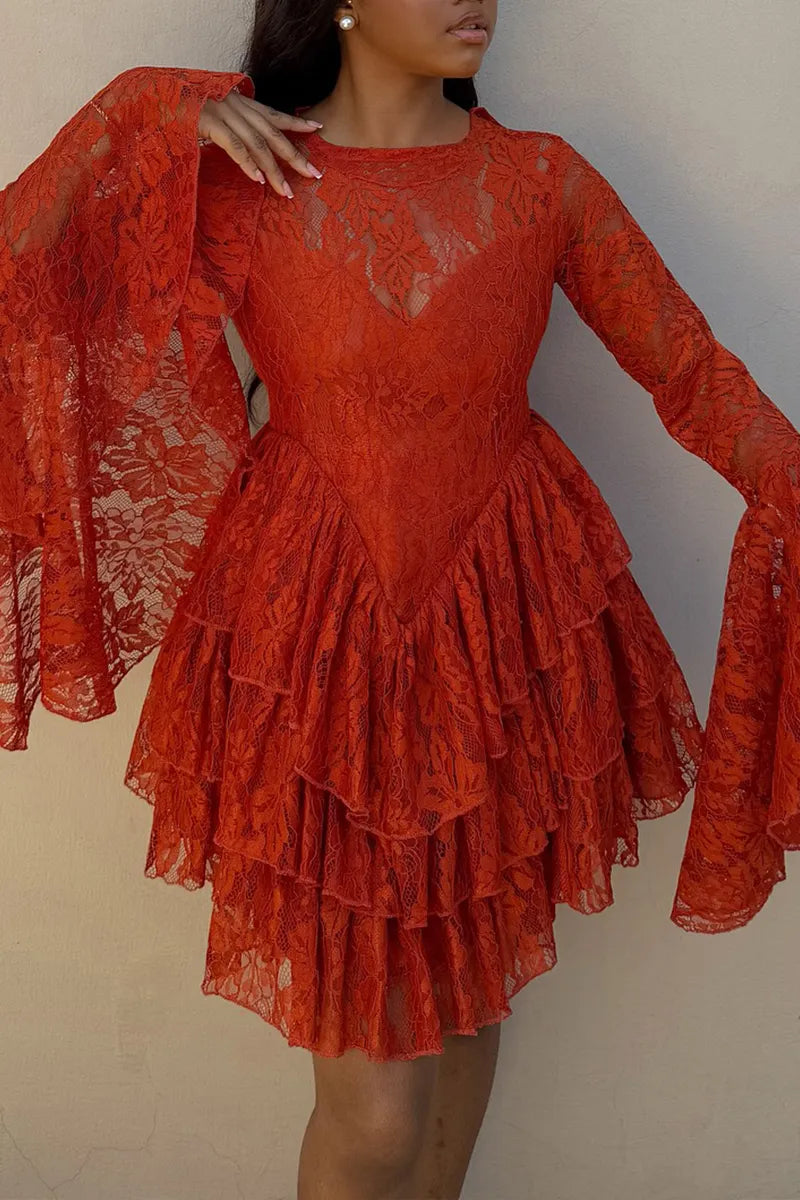 Women's Elegant Flare Sleeve Tiered Hem Lace Mini Dress