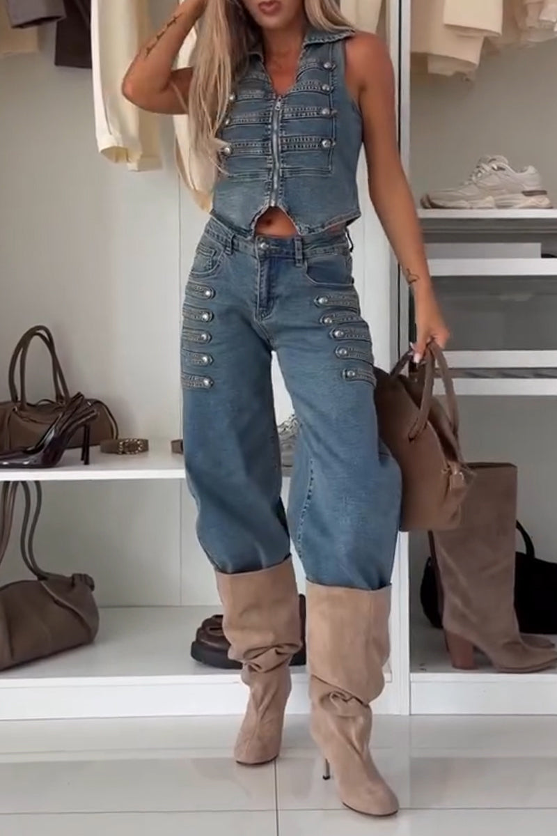 Women's Lapel Sleeveless Patchwork Round Button Denim Vest or Jeans