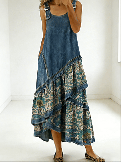 Women's Fashion Floral Denim Design Sleeveless Multi-layered Ruffled Strap Dress