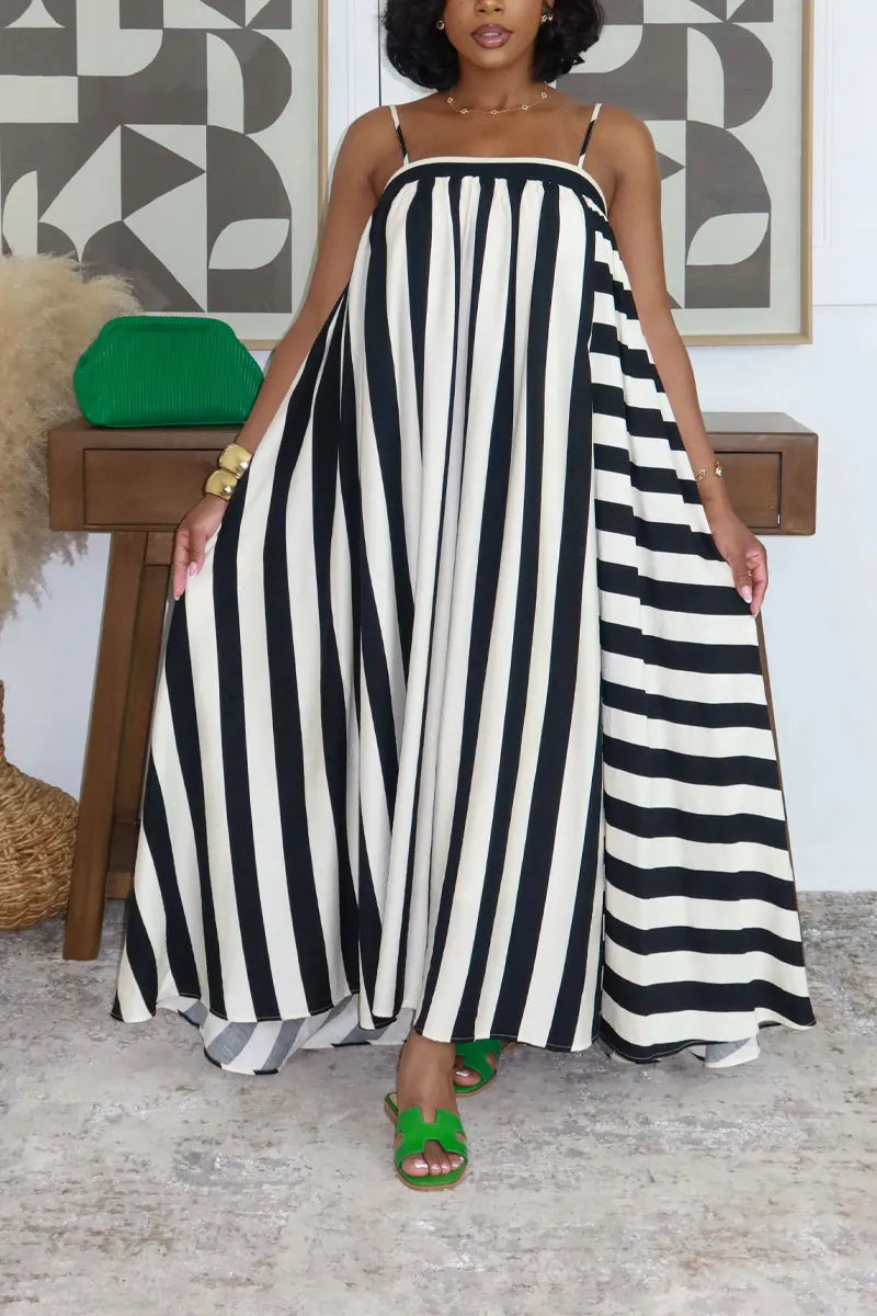 Casual Vacation Style Color Block Striped Loose Fit Maxi Dress