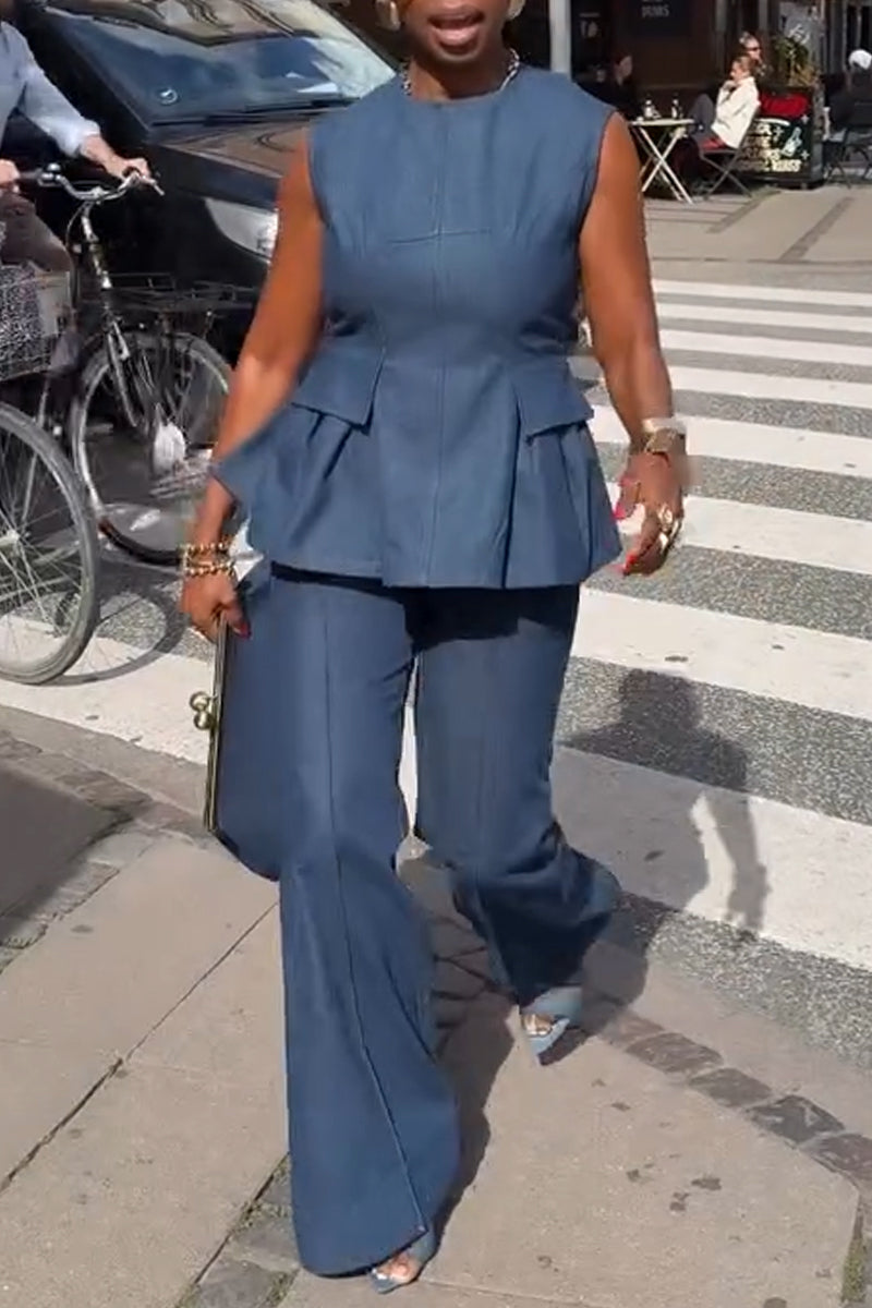Women's Round Neck Back Hollow Strap Denim Top or Flared Jeans