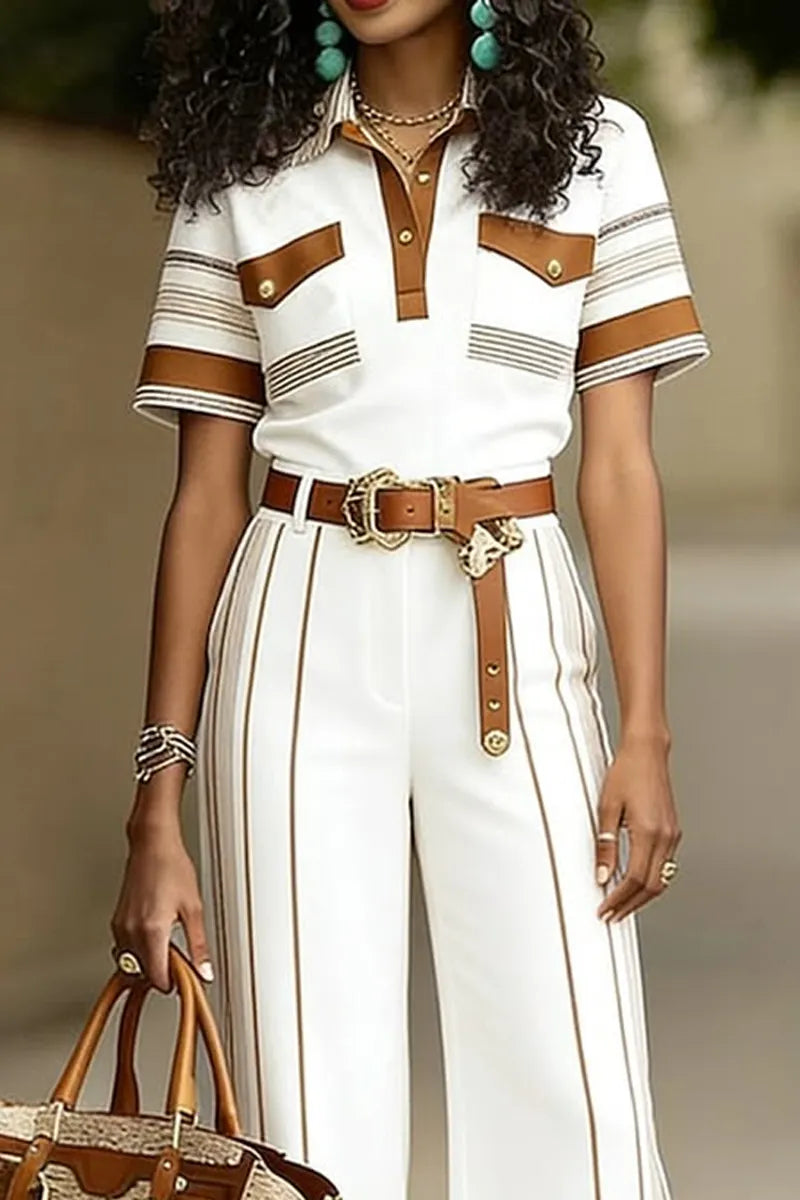 Women's Elegant Contrast Trim Jumpsuit with Pinstripe Wide-Leg Silhouette