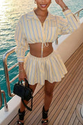 Women Collar Vertical Striped Shorts Top+ Half Skirt Elegant Casual Vacation Casual Style Set