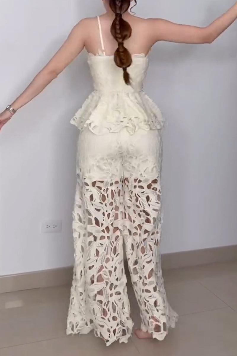 Women's Elegant Lace Cut-Out Ruffle Hem Vest Pants Two-Piece Set