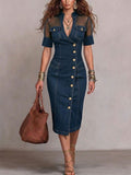 Edgy Mesh Yoke Denim Bodycon Dress with Button Front