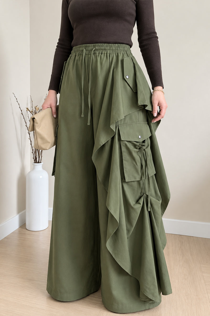 Women's High Waist Cargo Pocket Ruffle Olive Green Wide Leg Pants