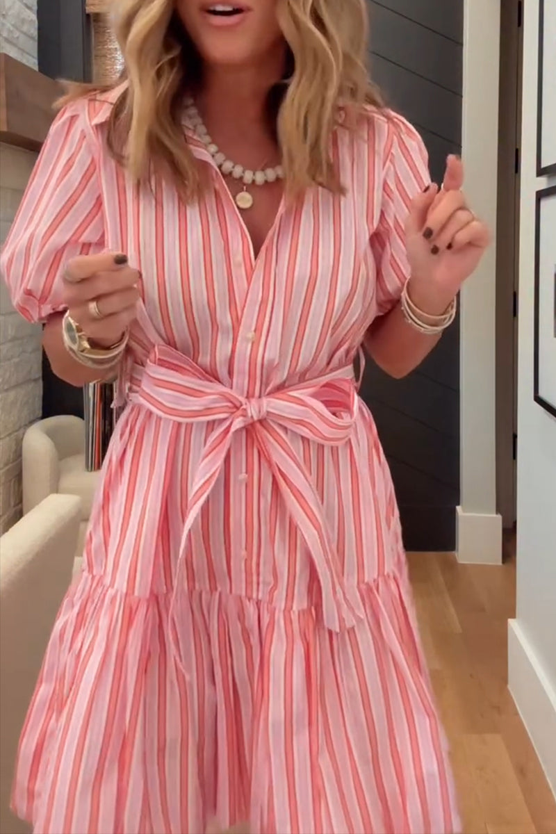 Women's Casual Puff Sleeve Tiered Ruffle Hem Stripe Mini Dress