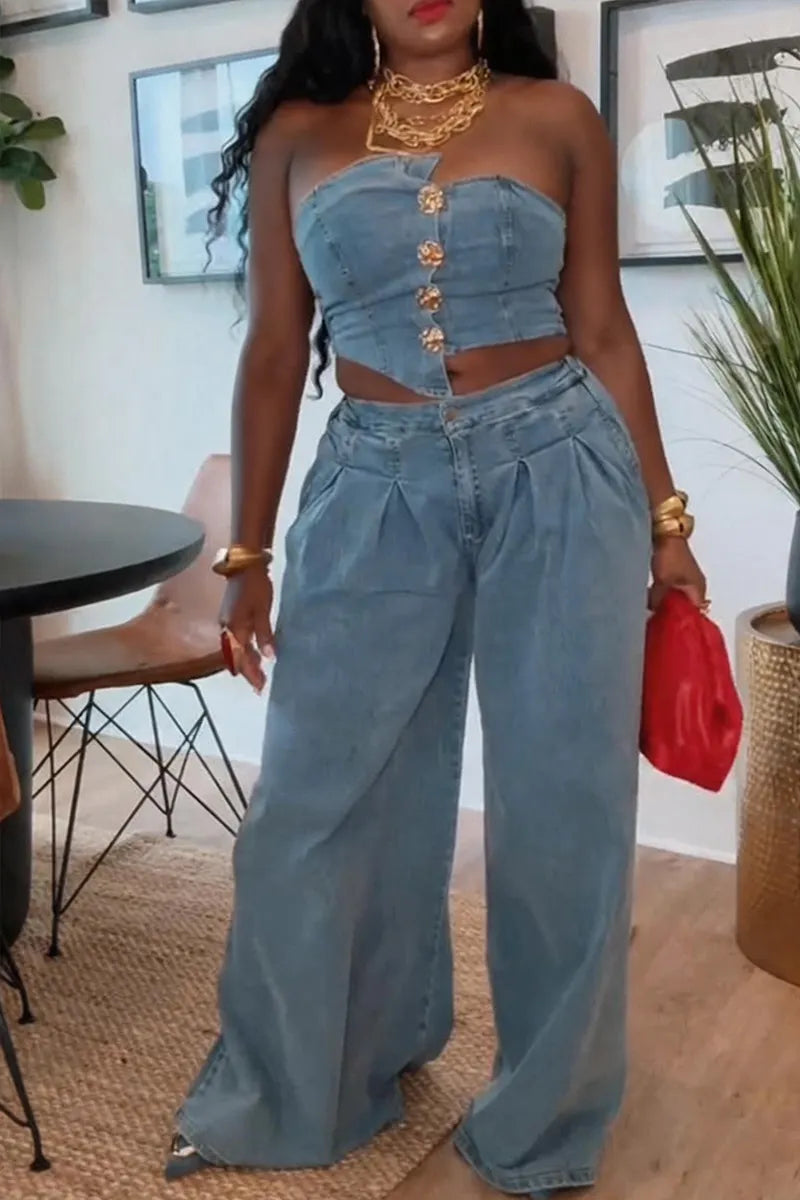 Women's Casual Button Trim Asymmetric Denim Bustier or Jeans